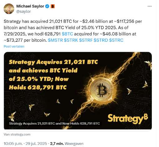 Michael Saylor doet grootste Bitcoin investering van 2025 Michael Saylor doet grootste Bitcoin investering van 2025 X bericht Michael Saylor