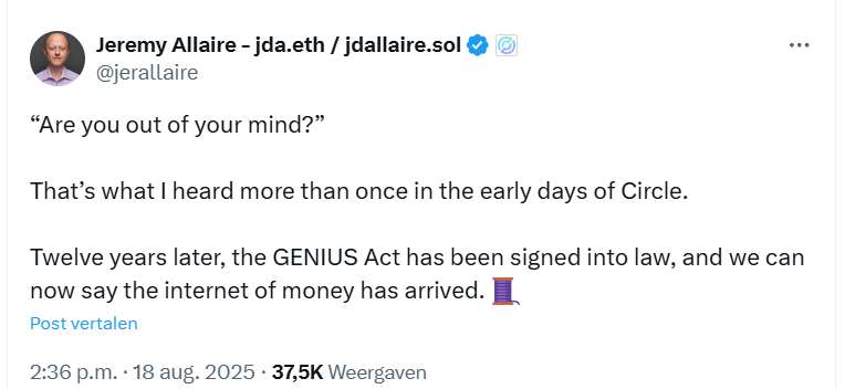 Circle-oprichter noemt GENIUS Act stablecoin wetgeving mijlpaal Circle oprichter noemt GENIUS Act stablecoin wetgeving mijlpaal X bericht Jeremy Allaire