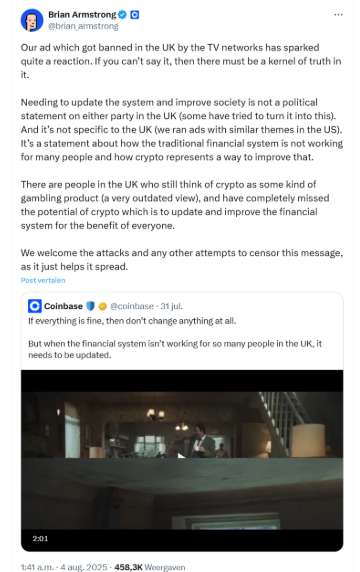 Coinbase reclame verbod zorgt voor ophef in de cryptowereld Coinbase reclame verbod zorgt voor ophef in de cryptowereld X bericht Brian Armstrong