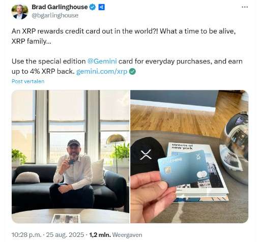 XRP creditcard gelanceerd: Ripple-CEO krijgt zelfs een ‘whale limit’ XRP creditcard gelanceerd Ripple CEO krijgt zelfs een ‘whale limit X bericht Brad Garlinghouse
