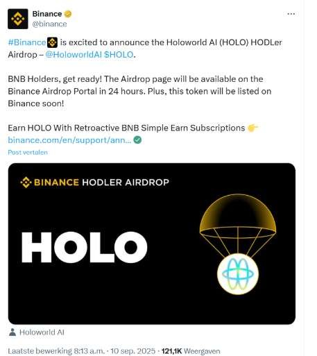 HOLO-token maakt debuut op Binance met gratis airdrop HOLO token maakt debuut op Binance met gratis airdrop X bericht Binance
