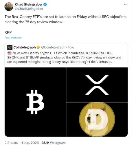 Rex Osprey lanceert nieuwe crypto ETF’s na groen licht van SEC Rex Osprey lanceert nieuwe crypto ETFs na groen licht van X bericht Chad Steingraber