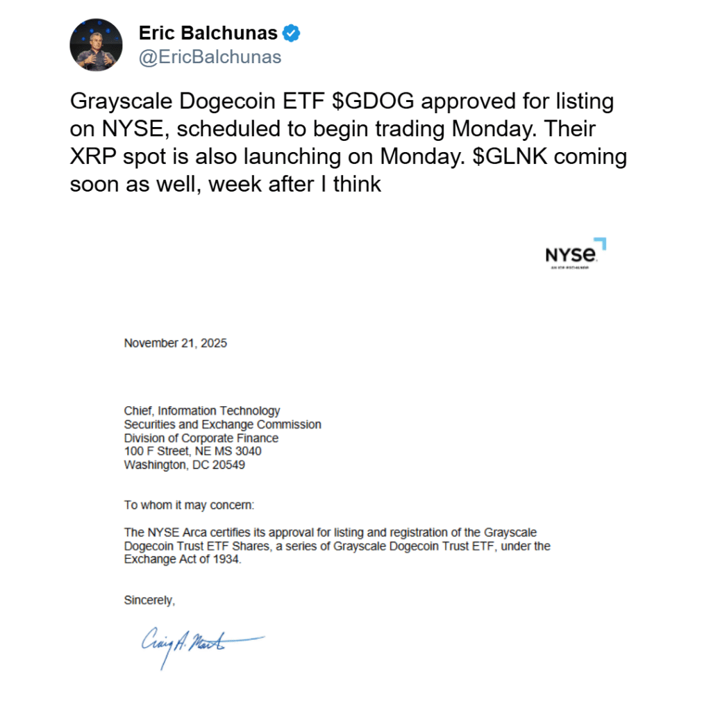 Grayscale lanceert op 24 november ETF’s voor Dogecoin en XRP x bericht ericbalchunas grayscale dogecoin etf xrp etf Bericht van Eric Balchunas over GrayScale Dogecoin- en XRP-ETF